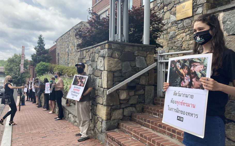 People for the Ethical Treatment of Animals on Thursday, June 3, 2021, protested the practice of killing king cobras during the U.S.-Thai military exercise Cobra Gold. The protest took place outside the embassy of Thailand in Washington, D.C.