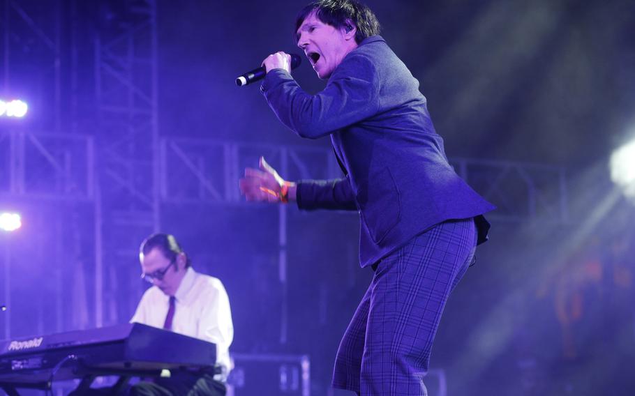 Russell Mael of the band Sparks with brother Ron, left, perform at the Empire Polo Grounds in Indio, California, during Coachella Music & Arts Festival on April 12, 2013. 