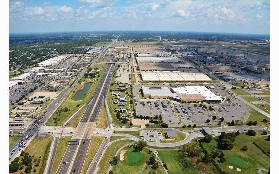 An aerial view shows Tinker Air Force Base, Interstate 40, and surrounding shopping areas and homes on Sept. 16, 2016, in Midwest City, Okla. 