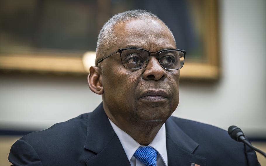 Defense Secretary Lloyd Austin and Air Force Gen. Charles “CQ” Brown, chairman of the Joint Chiefs of Staff, provide testimony April 30, 2024, at a House Armed Services Committee hearing on the Defense Department’s fiscal 2025 budget proposal.