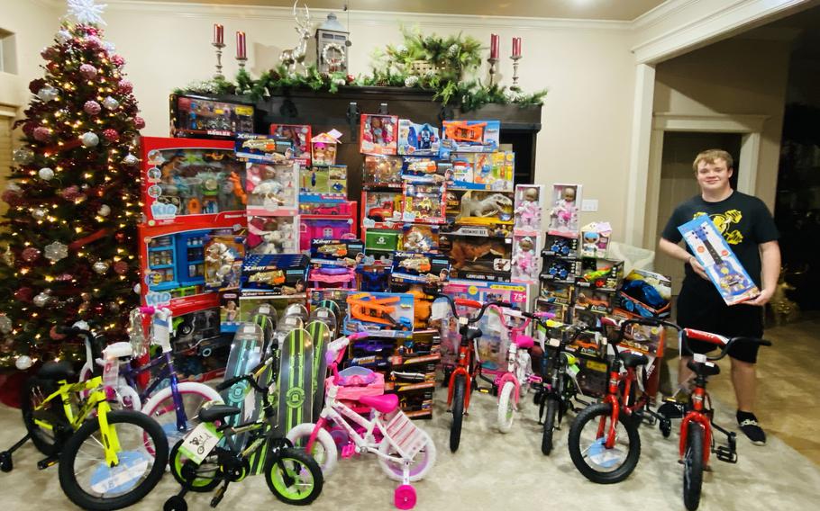 Reed Marcum with some of the toys donated by people in McAlester, Okla., last year for the annual 4-H Toy Giveaway that he started in 2016. 