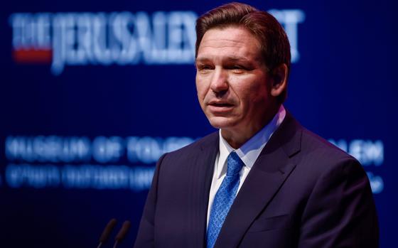 Ron DeSantis, governor of Florida, speaks during the Jerusalem Post Conference in Jerusalem, Israel, on Thursday, April 27, 2023. After DeSantis began pushing legislation that could upend Disney's theme-park development plans and regulate its monorails, and even floated the idea of building a prison near Walt Disney World, the company sued, accusing the Republican of breach of contract and violating its free speech rights. MUST CREDIT: Bloomberg photo by Kobi Wolf