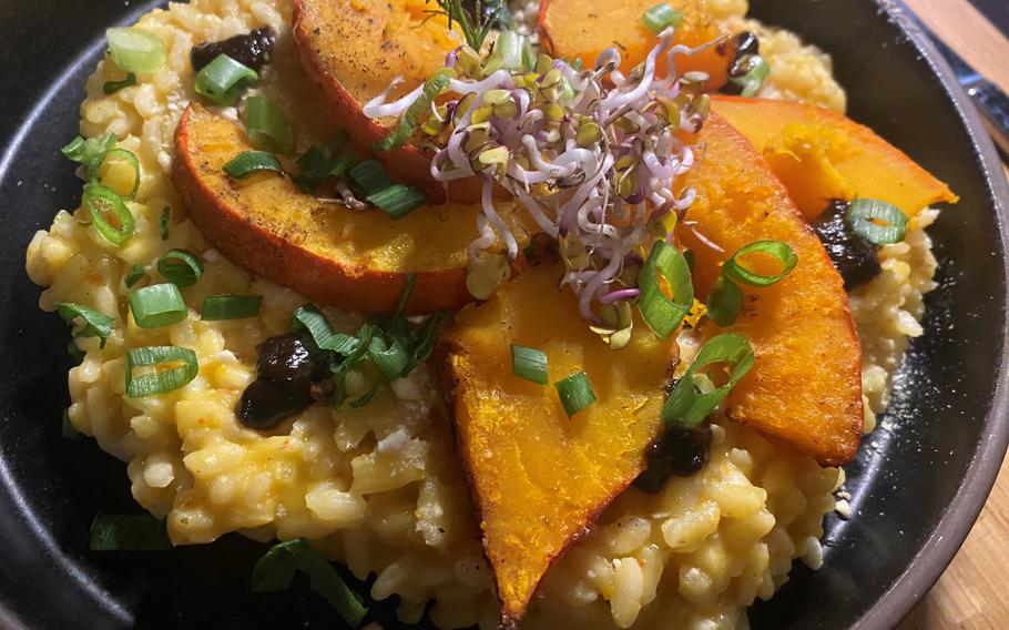 A pumpkin risotto served at Joujou, a dedicated gluten-free restaurant in the German Wine Road city of Bad Duerkheim on Dec. 4, 2023. 