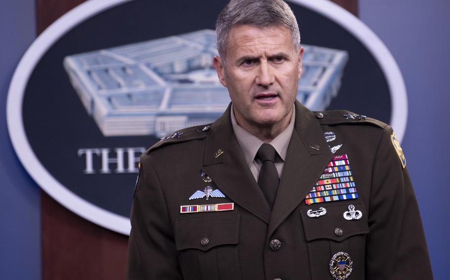 Army Maj. Gen. William D. “Hank” Taylor speaks Aug. 16, 2021, at a news briefing at the Pentagon about the crisis in Afghanistan.