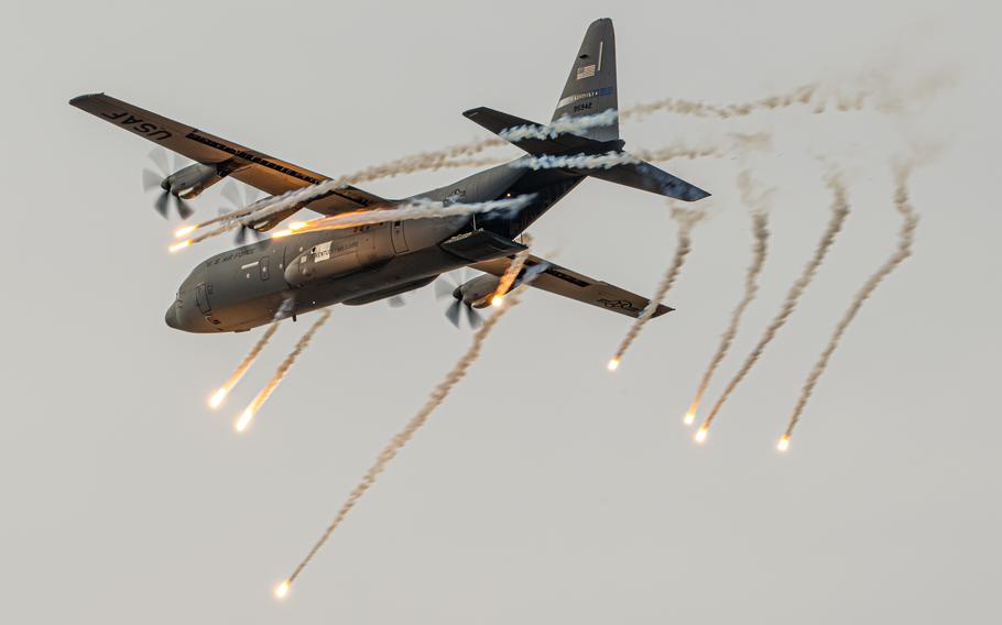 A C-130J Super Hercules from the Kentucky Air National Guard’s 123rd Airlift Wing deploys flares as part of an aerial demonstration during the Thunder Over Louisville air show and fireworks display in Louisville, Ky., Saturday, April 20, 2024. This year’s event drew hundreds of thousands of spectators to the banks of the Ohio River and featured more than two dozen aircraft.