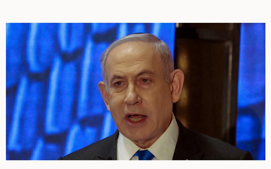 Israeli Prime Minister Benjamin Netanyahu speaks during a ceremony at Jerusalem’s Mount Herzl military cemetery on May 13, 2024.