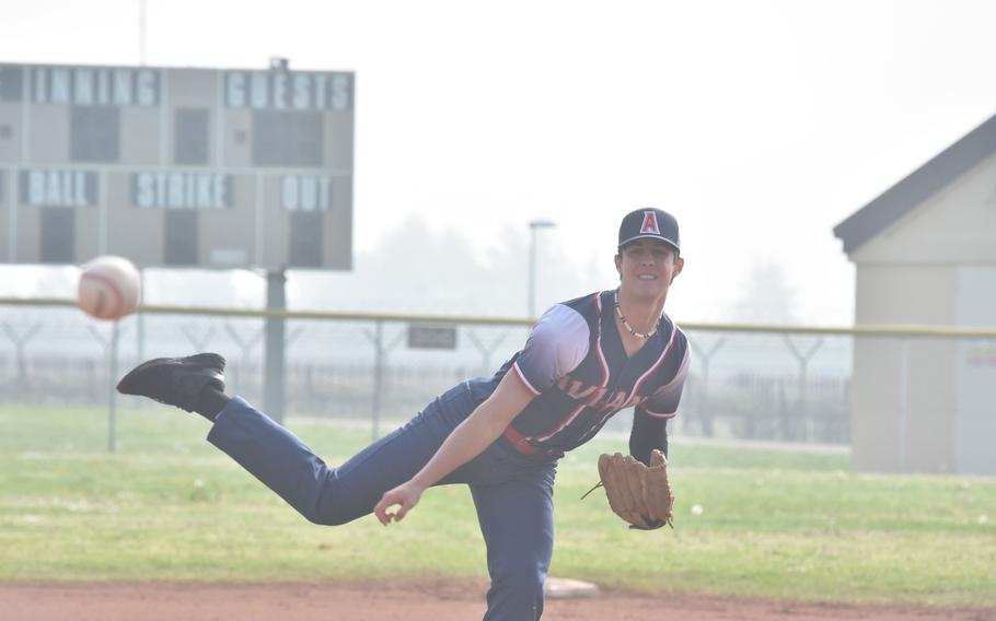 Aviano’s Colin North struck out 12 batters and allowed only one hit and an unearned run in a 11-1 victory over Sigonella on Saturday, April 6, 2024, in a hazy day at Aviano Air Base, Italy.