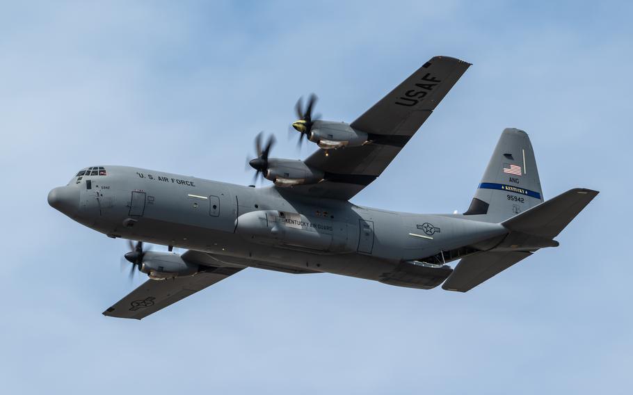 A C-130J Super Hercules from the Kentucky Air National Guard’s 123rd Airlift Wing performs an aerial demonstration during the Thunder Over Louisville air show in Louisville, Ky., Saturday, April 20, 2024. This year’s event featured more than two-dozen military and civilian planes, including the Kentucky Air National Guard’s C130J Super Hercules.