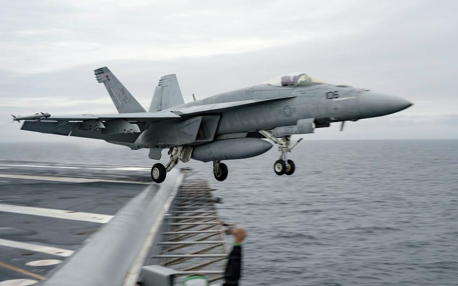 A Navy F/A-18 Super Hornet launches from the aircraft carrier USS Gerald R. Ford's flight deck, Nov. 1, 2022. Both the Navy and Marine F/A-18s did not meet mission capable goals, according to a new Government Accountability Office report.