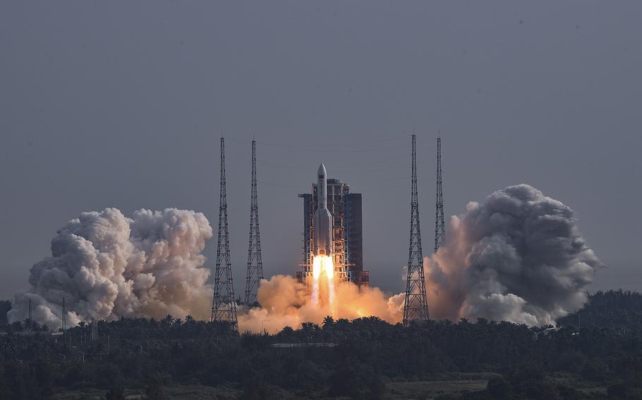 The Long March-5B Y4 carrier rocket carrying the space lab module Mengtian, blasts off from the Wenchang Satellite Launch Center in south China’s Hainan Province, on Oct. 31, 2022. 