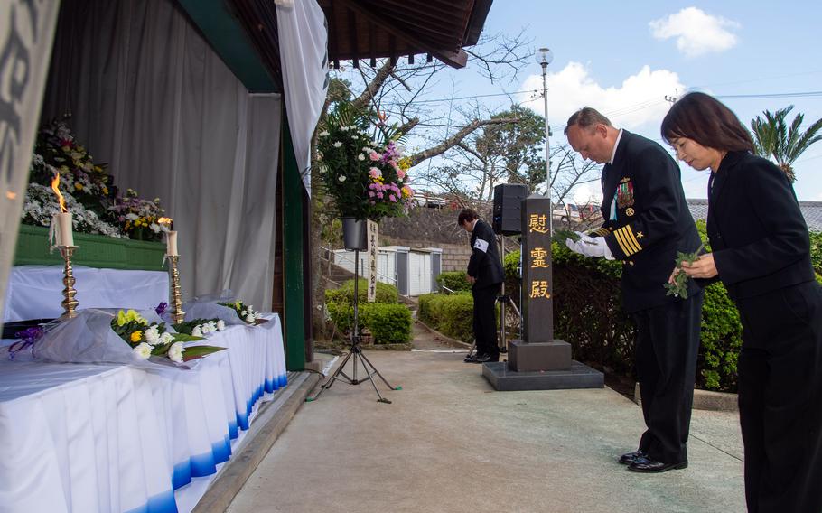 Capt. Michael Fontaine, commander of Sasebo Naval Base, joins a memorial ceremony at Higashiyama Park Cemetery in Sasebo, Japan, on Oct. 28. The city-hosted ceremony honors Sasebo citizens who died in World War II. 