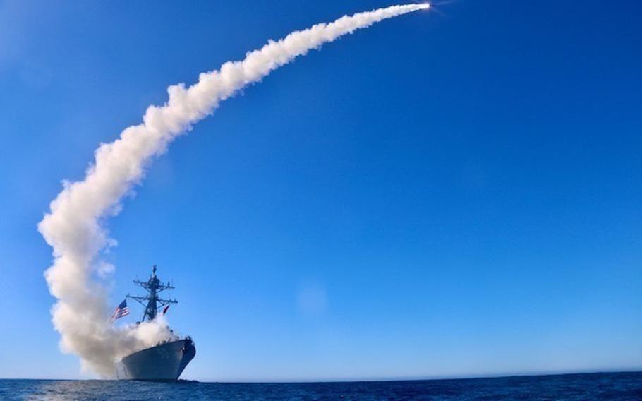 The guided-missile destroyer USS Chafee launches a Tomahawk during a three-day missile exercise somewhere in the Pacific Ocean, Nov. 30, 2020.