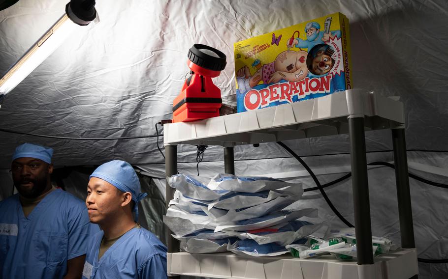 The game Operation sits on a shelf at a field hospital at Baumholder Army Airfield, Germany, on May 17, 2024. Army reserve soldiers built the tented facility in under three days.