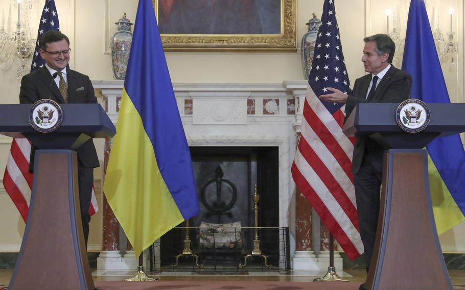In this Nov. 10, photo, Secretary of State Antony Blinken and Ukraine’s Foreign Minister Dmytro Kuleba hold a news conference following the U.S.-Ukraine Strategic Dialogue talks at the State Department in Washington. The buildup of Russian troops near Ukraine has left U.S. officials perplexed, muddying the Biden administration’s response. Officials acknowledge they don’t have a good understanding of what Russian President Vladimir Putin is trying to accomplish.