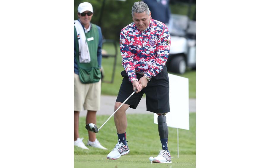 Major Ed Pulido, the founder and CEO of the John Daly-Major Ed Heart of a Lion Foundation, tees off on 17 on the North Course at Firestone Country Club on Tuesday, June 22, 2021, in Akron, Ohio.