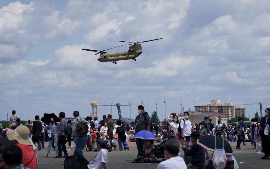 A Chinook helicopter lands during the annual Friendship Festival at Yokota Air Base, Japan, Sunday, May 22, 2022.