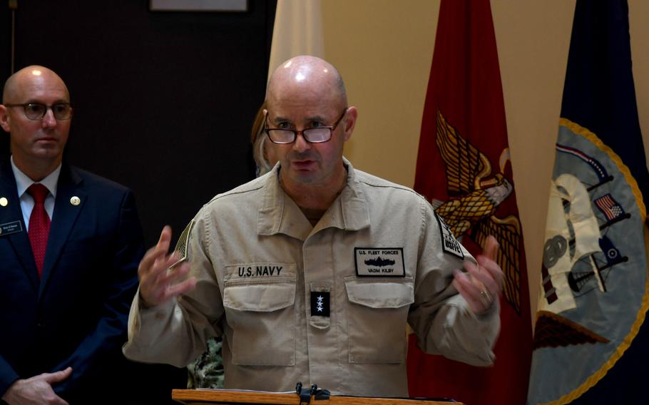 Vice Adm. James Kilby, deputy commander of U.S. Fleet Forces Command, speaking in Norfolk, Va., on March 1, 2023.