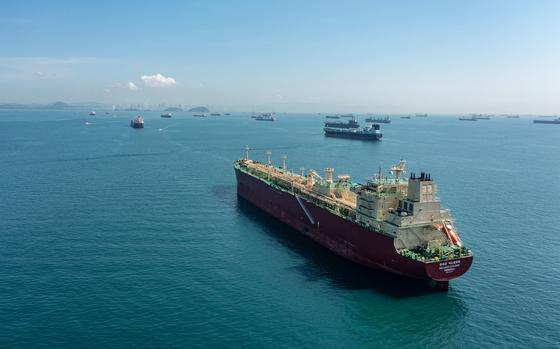 Cargo ships wait in the anchor zone to cross the Panama Canal from the Pacific entrance near Panama City.