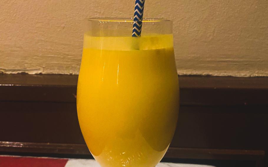 The mango lassi is one of three types of lassi on the menu at Curry House in Kaiserslautern, Germany.