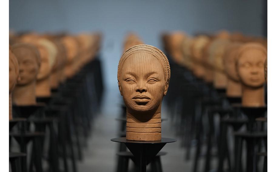 Sculptures, displayed in Lagos, Nigeria, on Dec. 13, 2022, represent the remaining 108 Chibok schoolgirls that were still in captivity at the time. The Nigerian army on Thursday, April 18, 2024, said a girl who was seized 10  years ago from her Chibok school along with hundreds others during a raid by Islamic militants has been rescued together with her three children. 