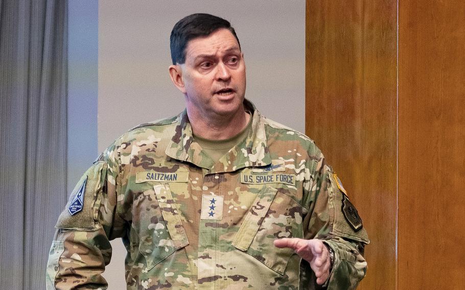Space Force Lt. Gen. B. Chance Saltzman, Deputy Chief of Space Operations for Operations, Cyber, and Nuclear, speaks at Peterson Space Force Base, Colo., April 26, 2022.