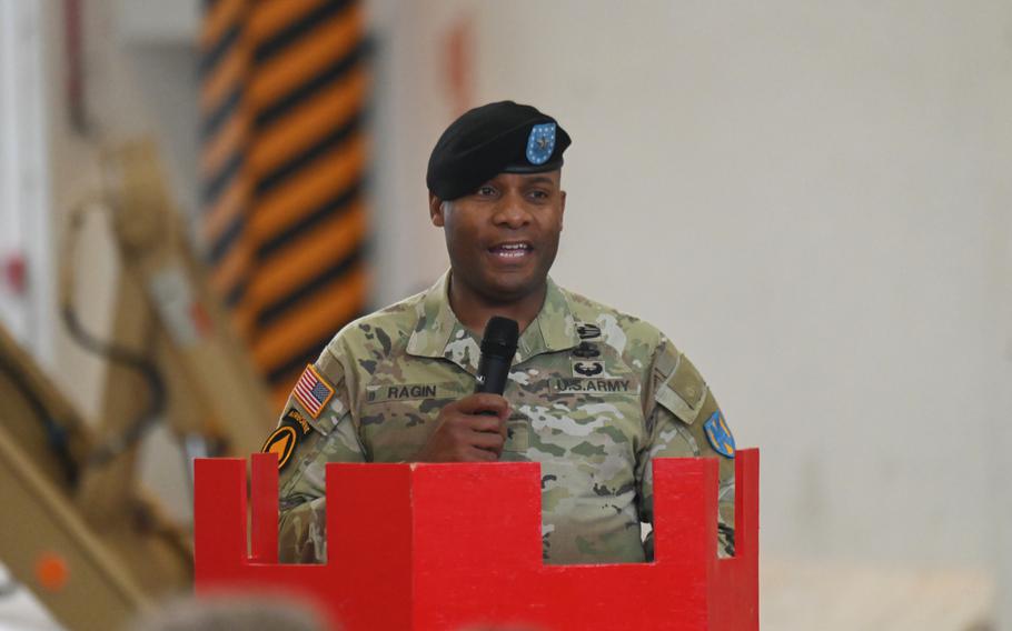 Brig. Gen. Ronald Ragin, head of the 21st Theater Sustainment Command, talks about the history of the 7th Engineering Brigade during a reactivation ceremony July 27, 2023, at Katterbach Kaserne in Ansbach, Germany.