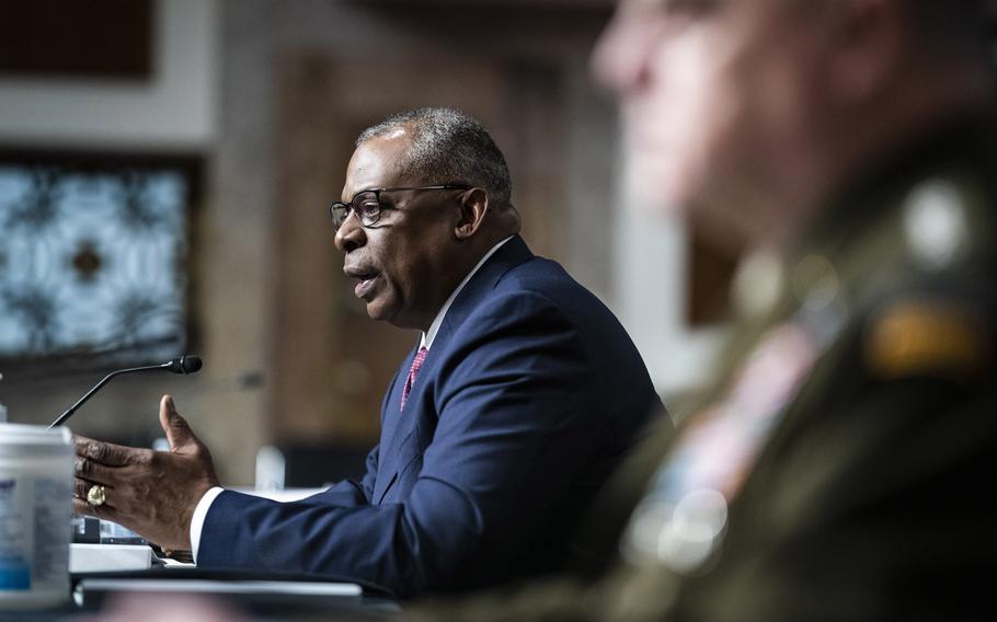 Secretary of Defense Lloyd Austin speaks at a Senate Armed Services Committee hearing to discuss the military's budget for fiscal 2023. MUST CREDIT: Washington Post photo by Jabin Botsford.