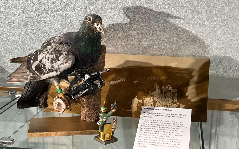 A carrier pigeon camera on display at the 3F German Film and Photo Technology Museum in Deidesheim, Germany, on Dec. 2, 2021. These small cameras were used for aerial surveillance photography during World War I and are considered precursors to modern drone imagery.