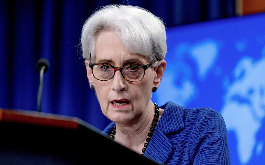 Deputy Secretary of State Wendy Sherman speaks at the State Department in Washington, Aug. 18, 2021. A U.S.-sponsored show of alliance with Japan and South Korea stumbled Wednesday, Nov. 17, when American diplomats couldn’t convince their Asian allies to share a news conference stage. Sherman was due to hold the press conference at the State Department with her counterparts, Choi Jong Kun of South Korea and Mori Takeo of Japan. Instead, Sherman sat at a table alone, taking question from reporters.