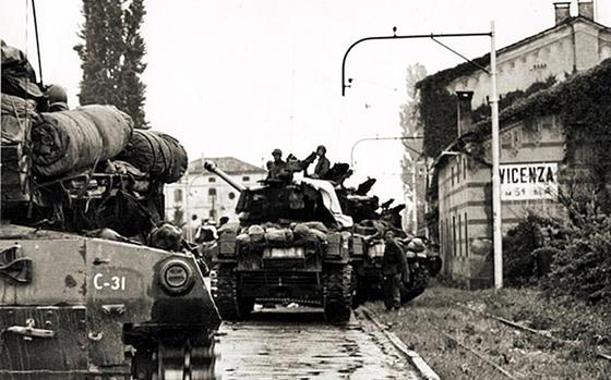 American tanks roll into Vicenza on April 28, 1945.