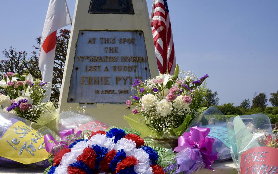 Famed war correspondent Ernie Pyle is honored during a ceremony Sunday, April 16, 2023, near the spot where he was killed during World War II on Ie Shima, Okinawa.