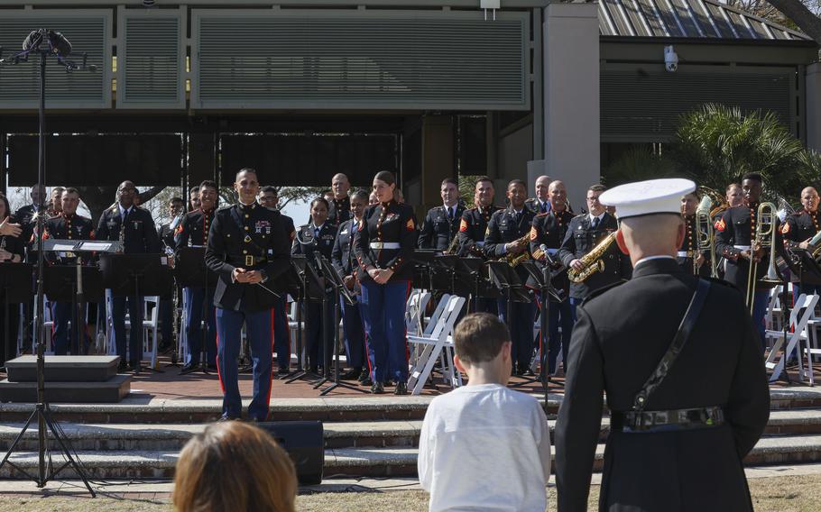 Marines with the Parris Island Marine Band, Headquarters and Service Battalion, perform in a combined arms concert with the 282nd Army Band, Fort Jackson, S.C., at the Beaufort Waterfront Park, March 5, 2022. An original composition performed by the Parris Island Marine Band — inspired by its musical director’s wife and her work as a nurse during the COVID-19 pandemic — has been nominated for an Emmy.