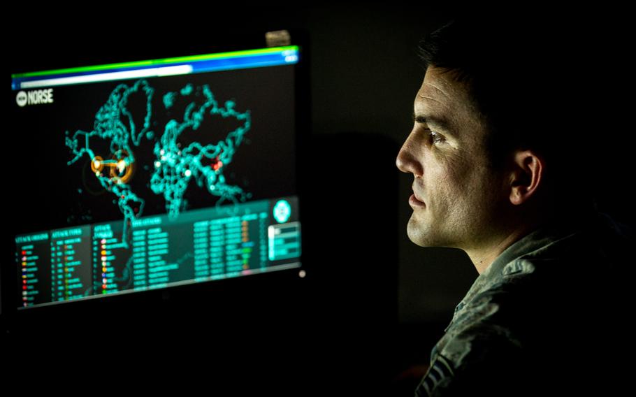 Staff Sgt. Wendell Myler, a cyber warfare operations journeyman assigned to the 175th Cyberspace Operations Group of the Maryland Air National Guard, monitors live cyberattacks on the operations floor of the 27th Cyberspace Squadron, known as the Hunter’s Den, at Warfield Air National Guard Base, Middle River, Md., June 3, 2017. 