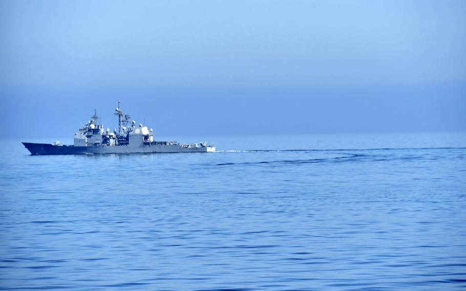 The guided-missile cruiser USS Port Royal sails through the Gulf of Oman on Feb. 17, 2021. 