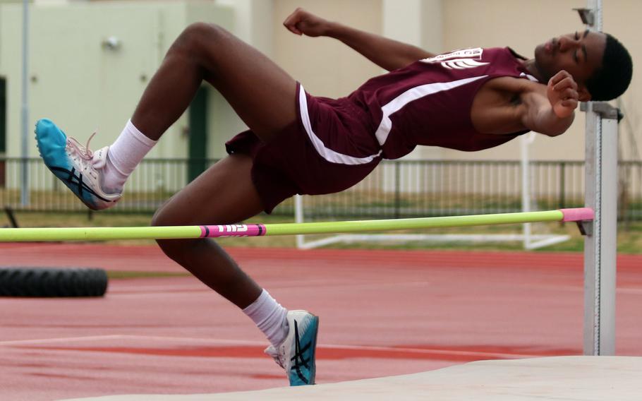 Matthew C. Perry's Tavita Johnson clears the high-jump bar in 1.6 meters during Saturday's DODEA-Japan track and field tri-meet. Three athletes cleared 1.6, but Josef Brown of Yokota won the event due to fewer attempts. Johnson placed third.
