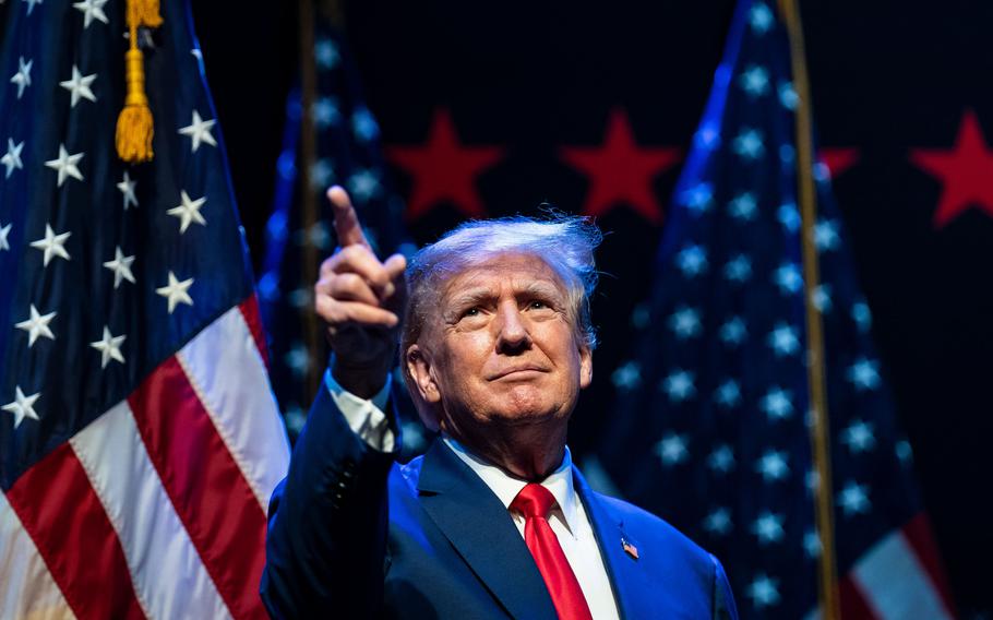 Former President Donald Trump speaks during an event at the Adler Theatre on Monday, March 13, 2023, in Davenport, Iowa.