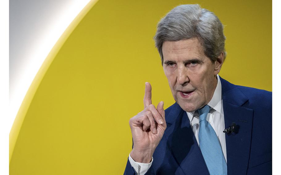 U.S. Presidential Envoy for Climate John Kerry delivers a speech at the World Economic Forum annual meeting in Davos on Jan. 17, 2023.