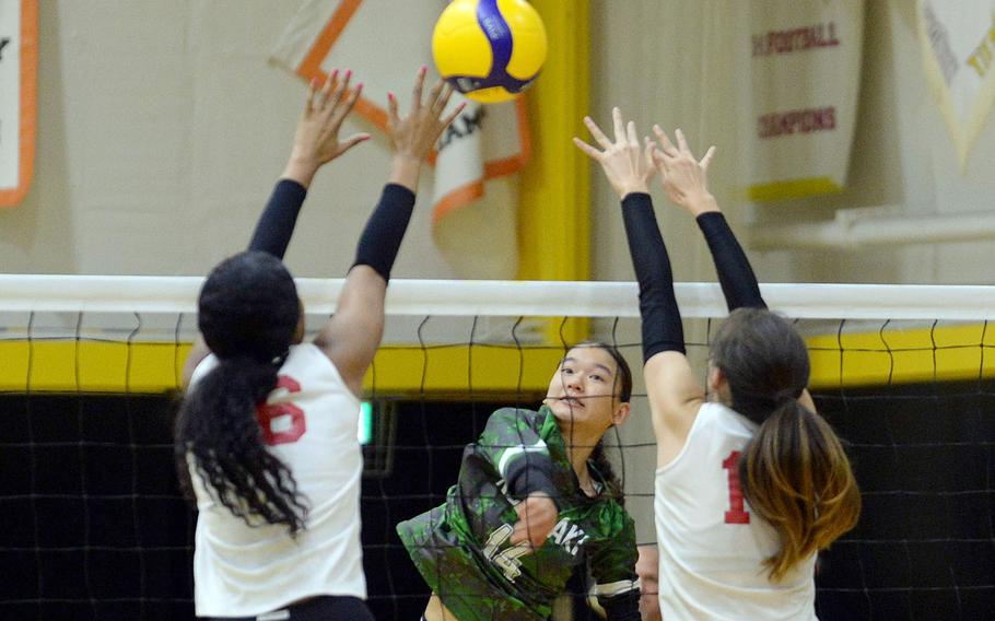 Sophomore Yuri Biggins had seven kills and four aces, earning MVP honors for Kubasaki against Kinnick in the 9th ASIJ YUJO volleyball tournament.