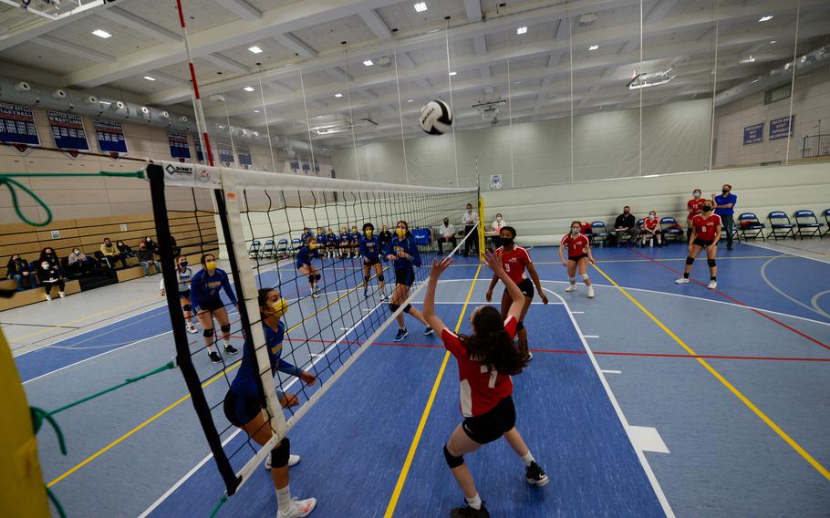 Lakenheath’s Jessica Moon sets the ball during the DODEA-Europe Division I Volleyball Tournament game against the Wiesbaden Warriors at Ramstein Air Base, Germany, Oct. 29, 2021