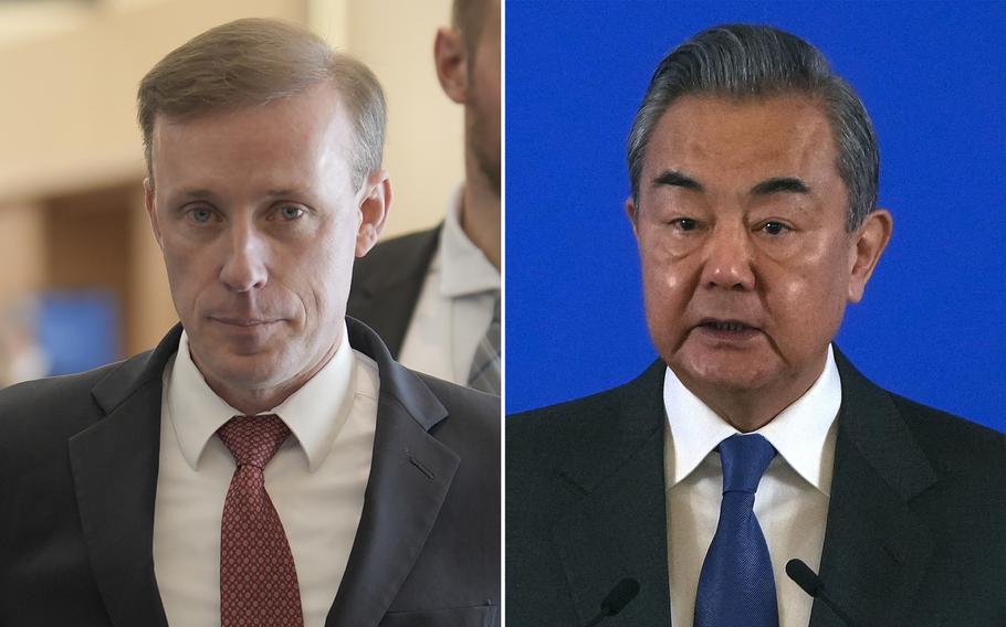 U.S. National Security Advisor Jake Sullivan, left, and Chinese Foreign Minister Wang Yi are expected to meet in Bangkkok as the two countries seek to cool tensions.