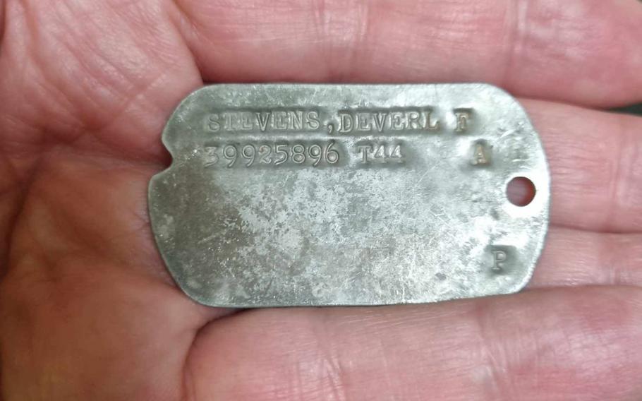 A dog tag belonging to Army Pfc. DeVerl Stevens, who was killed in Simmerath, Germany, on Dec. 16, 1944, is now in the possession of the daughter he never knew, 79 years after his death.