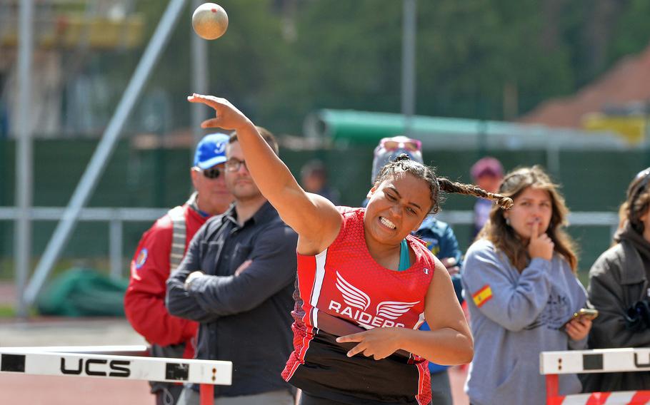 Kaiserslautern’s Madison Ringer won the girls shot put competition at the 2025 DODEA-Europe track and field finals, in Kaiserslautern, Germany, with a throw of 31 feet, 6.50 inches.