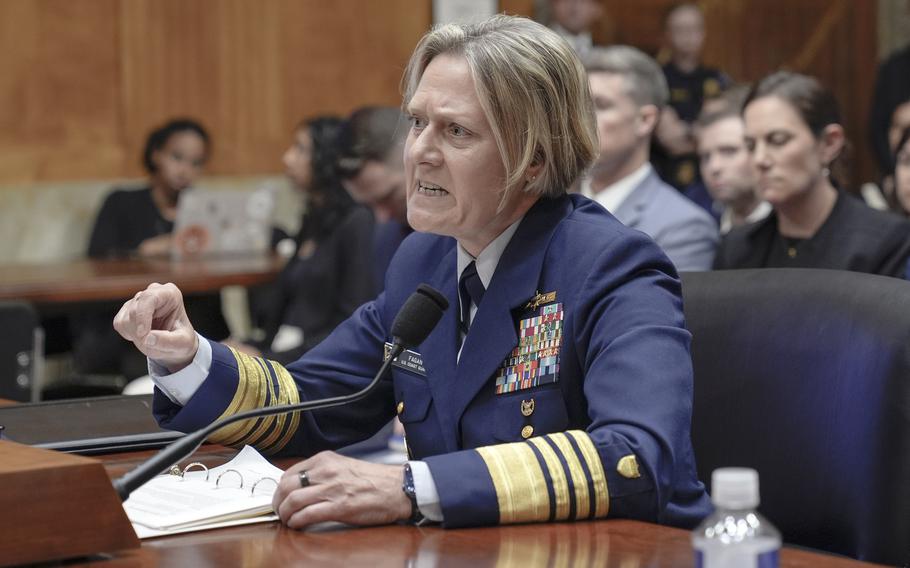 Coast Guard Commandant Adm. Linda Fagan testifies during a Senate Homeland Security and Governmental Affairs subcommittee hearing on June 11, 2024, in Washington.