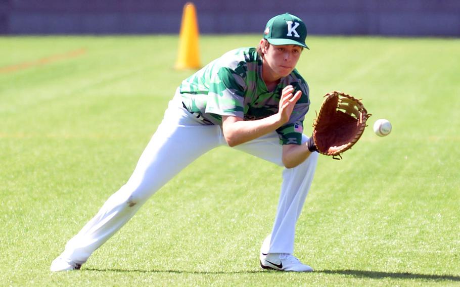 Kubasaki first basesman Jacy Fisk fields a ground ball during Saturday’s 6-4 win over St. Mary’s.