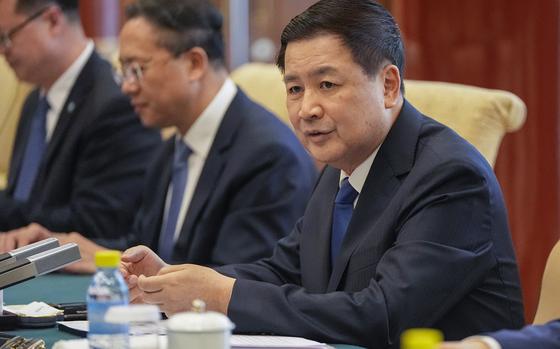 China's Minister of Public Security Wang Xiaohong holds talks with US Secretary of State Antony Blinken (not pictured) at the Diaoyutai State Guesthouse in Beijing on April 26, 2024. (Mark Schiefelbein/Pool/AFP via Getty Images/TNS)