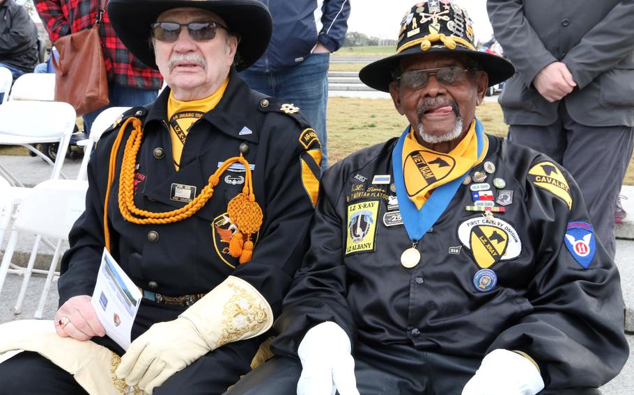 Veterans Mel Gunderson, left, and Ed Times await the start of Saturday’s Veterans Day ceremony at the National World War II Memorial in Washington, D.C., November 11, 2023.