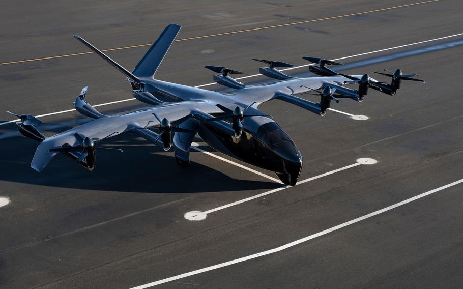 A Midnight, Archer Aviation Inc.’s flagship electric vertical takeoff and landing aircraft, sits on a runway. The company agreed to deliver up to six of the aircraft to the U.S. Air Force, a contract worth up to $142 million.