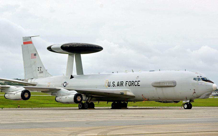 An Air Force E-3 Sentry Airborne Early Warning and Control System aircraft sits near the flight line at Kadena Air Base, Okinawa, Friday, April 21, 2023.