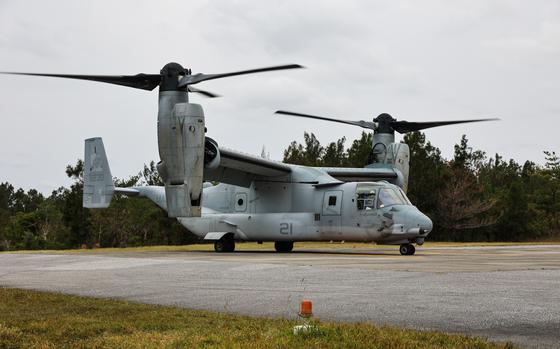 A U.S. Marine Corps MV-22B Osprey prepares for takeoff at Camp Hansen, Okinawa, in December 2023. 