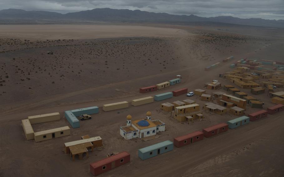 A simulated village shown from a helicopter at the National Training Center.